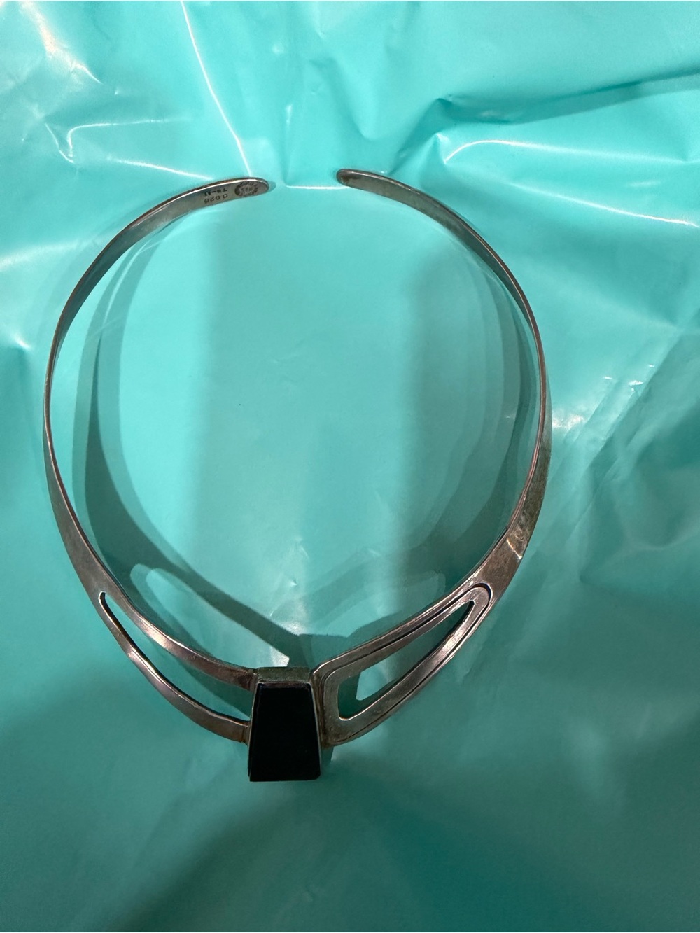 Silver-Tone Modern Sculptural Collar Necklace with Black Accent